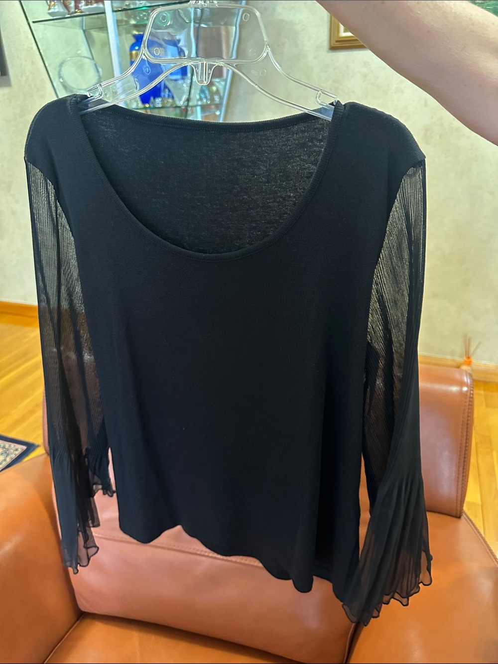 Black Scoop Neck Blouse with Sheer Pleated Sleeves